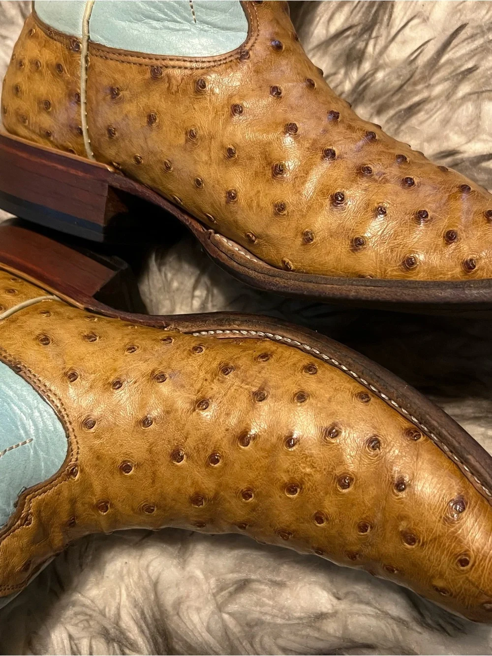 JM Collection Tan Ostrich Leather Western Boots with Light Blue Shaft Sz 8 D